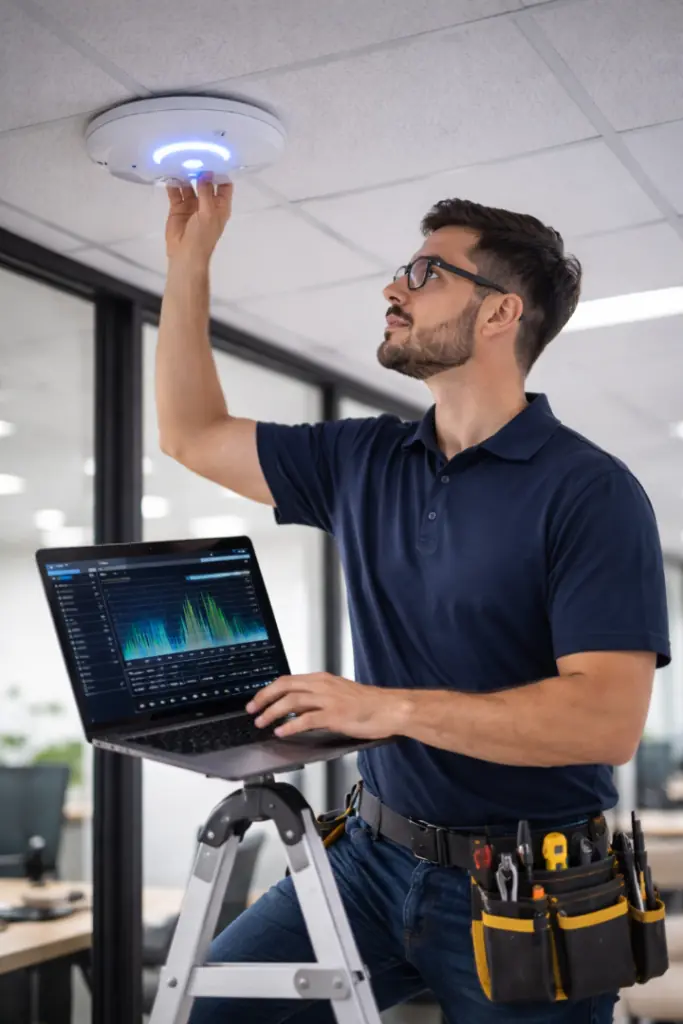 Technician testing Wi-Fi coverage in a Toronto residence