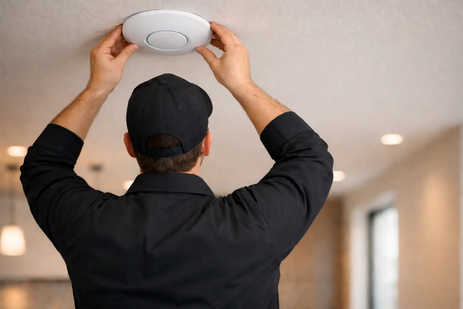 Technician mounting a ceiling Wi-Fi access point