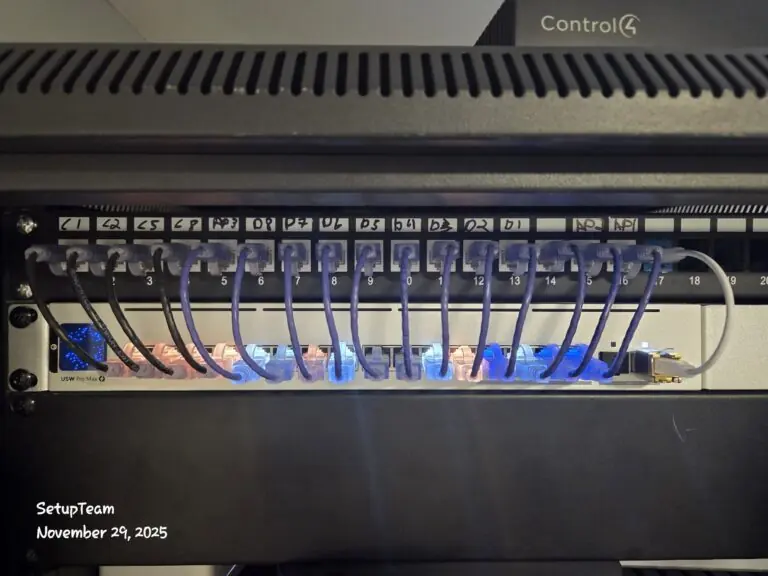 Network rack with patch panel and structured Cat6 wiring